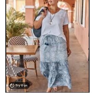 J. Jill Denim Ombre Paisley Tiered Midi Skirt  Sz XL Cottagecore Boho